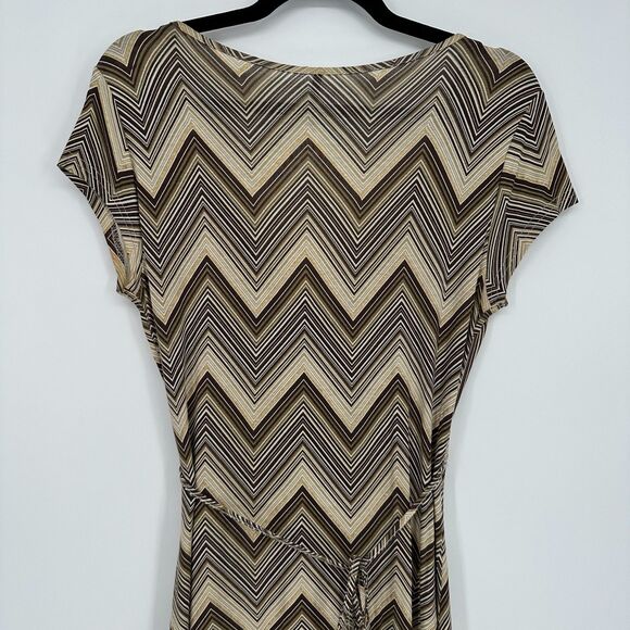 Naf Naf Womens Faux Wrap Midi Dress Size M Chevron Neutral Retro Office Stretch - Picture 9 of 9